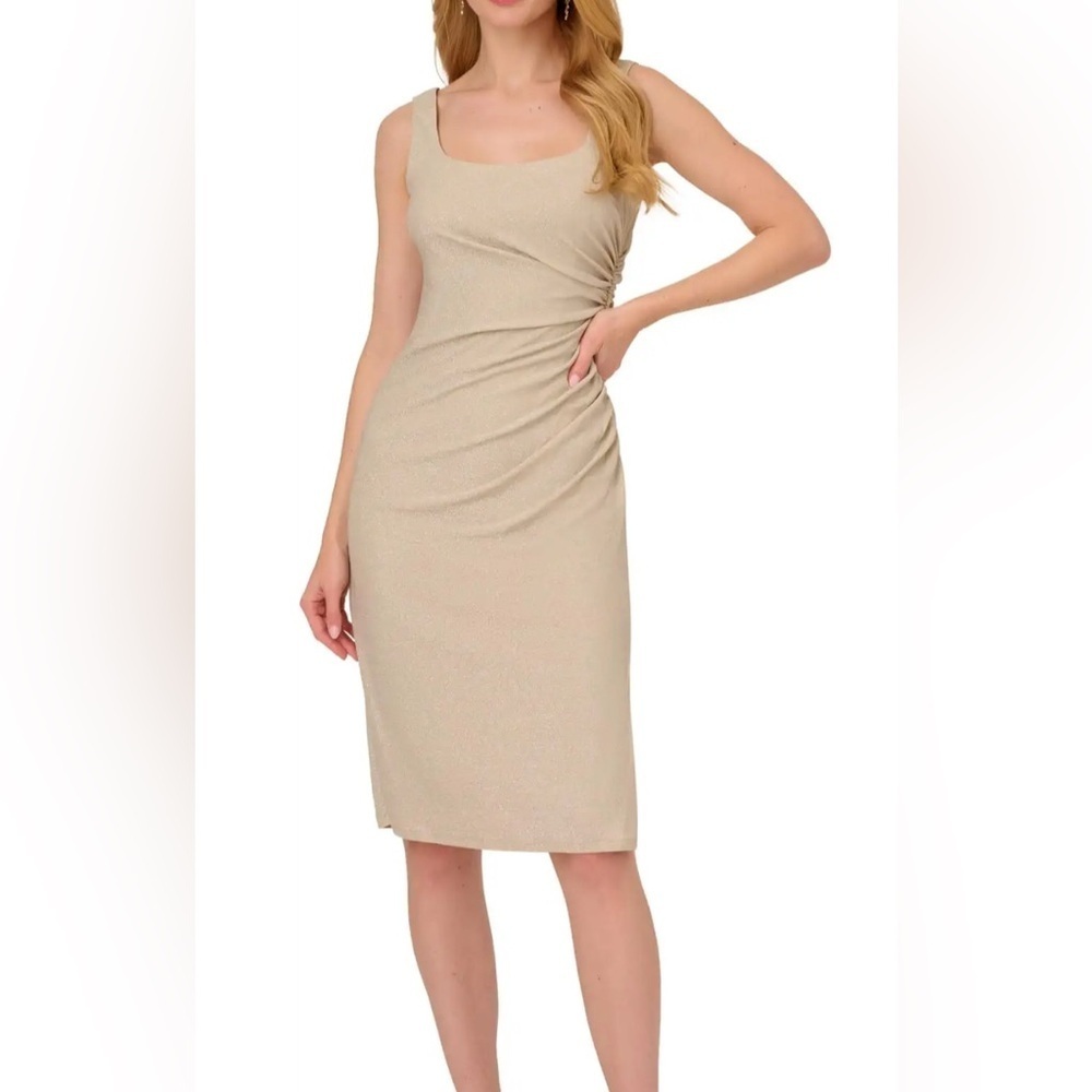 Adrianna Papell Metallic Knit Midi Dress in champagne in size 16. Nwt